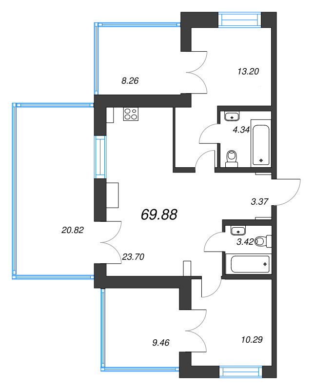 3-комнатная (Евро) квартира, 69.88 м² - планировка, фото №1