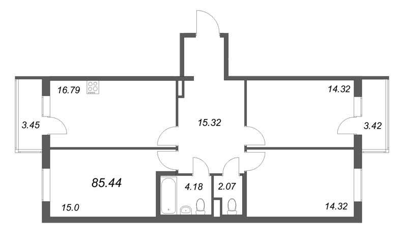 4-комнатная (Евро) квартира, 85.44 м² в ЖК "Новая история" - планировка, фото №1