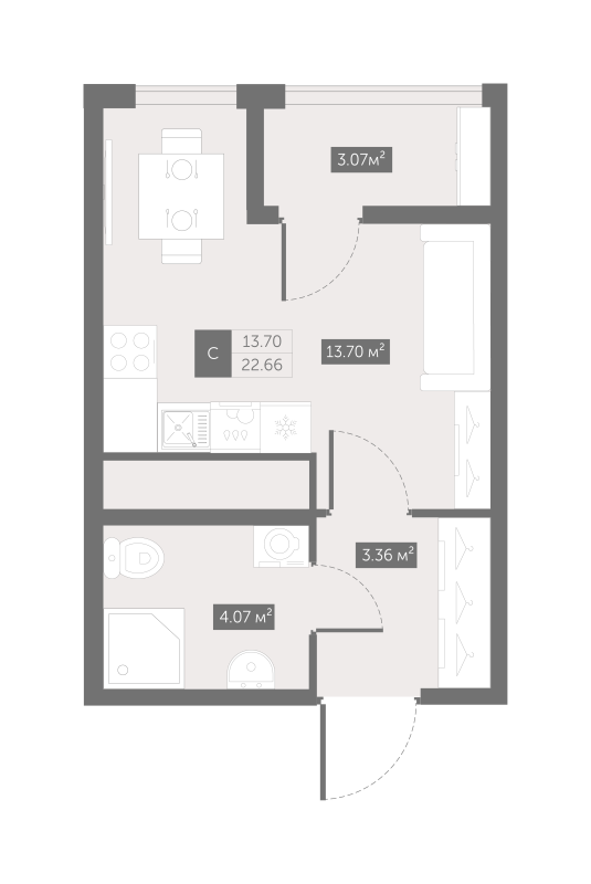 Квартира-студия, 22.66 м² - планировка, фото №1