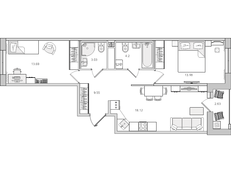 3-комнатная (Евро) квартира, 64.4 м² в ЖК "Город Первых" - планировка, фото №1