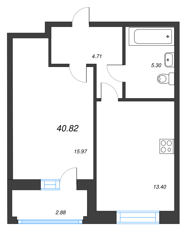 1-комнатная квартира, 40.82 м² - планировка, фото №1