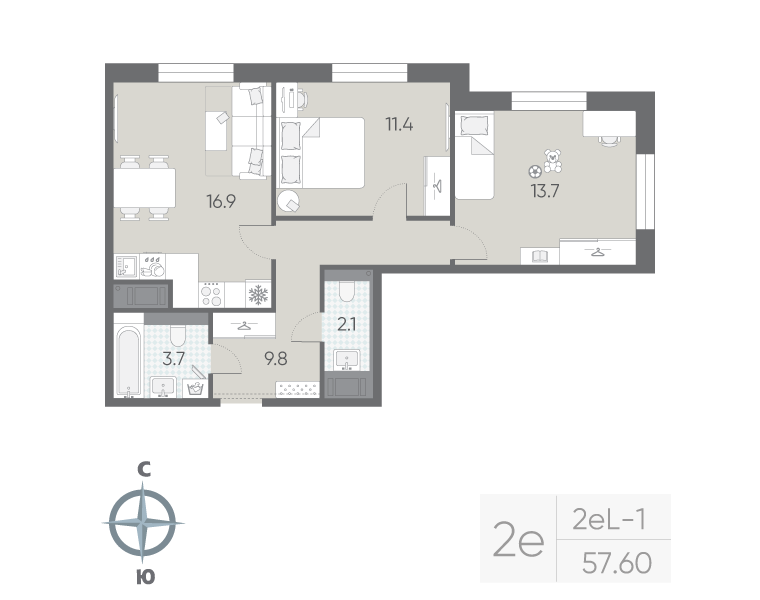 3-комнатная (Евро) квартира, 57.6 м² в ЖК "Большая Охта" - планировка, фото №1