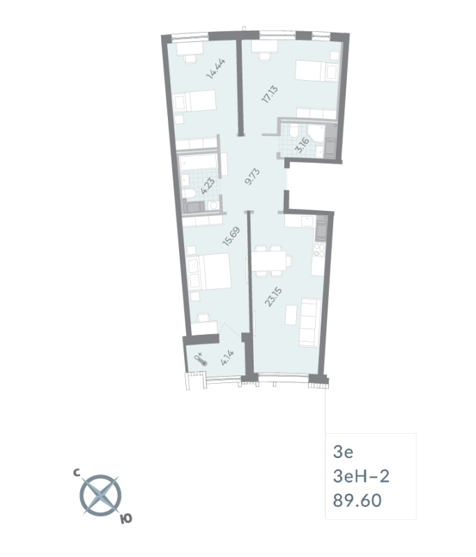 3-комнатная (Евро) квартира, 89.6 м² в ЖК "Морская набережная. SeaView" - планировка, фото №1