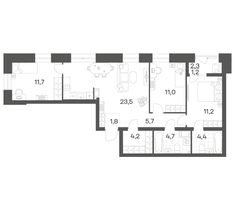4-комнатная (Евро) квартира, 79.34 м² в ЖК "Новый Питер" - планировка, фото №1