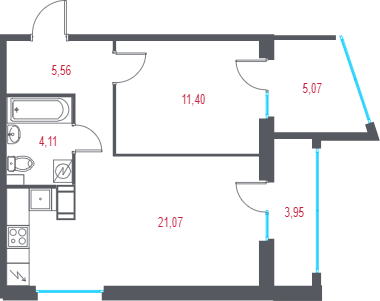 2-комнатная (Евро) квартира, 44.85 м² в ЖК "Город-спутник Южный" - планировка, фото №1