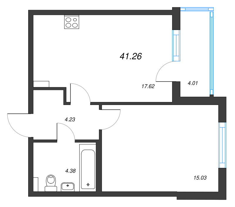 2-комнатная (Евро) квартира, 41.26 м² - планировка, фото №1