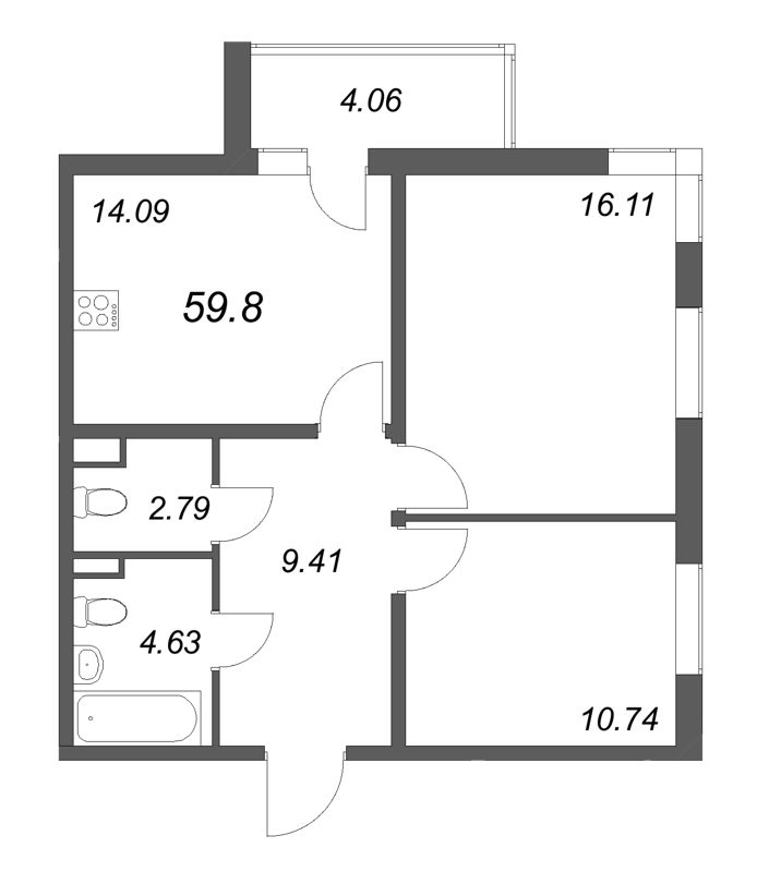 2-комнатная квартира, 59.8 м² в ЖК "Новая история" - планировка, фото №1