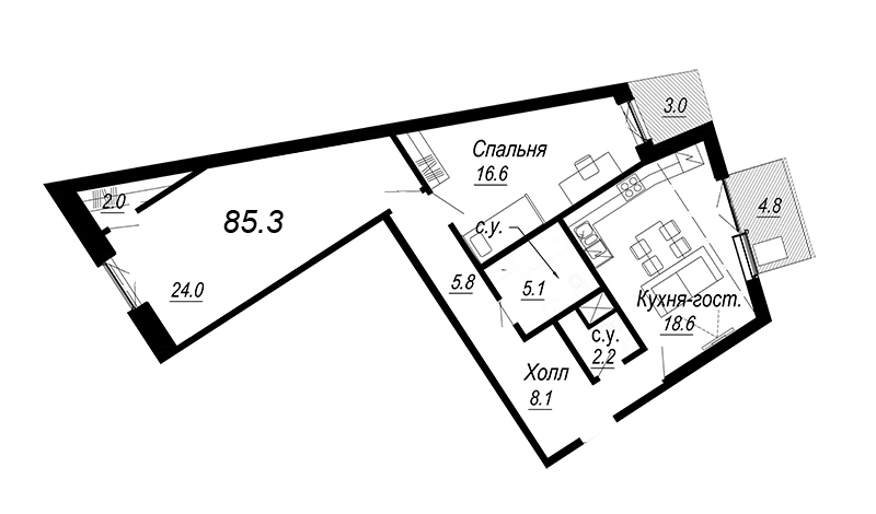 3-комнатная (Евро) квартира, 85.5 м² в ЖК "Meltzer Hall" - планировка, фото №1