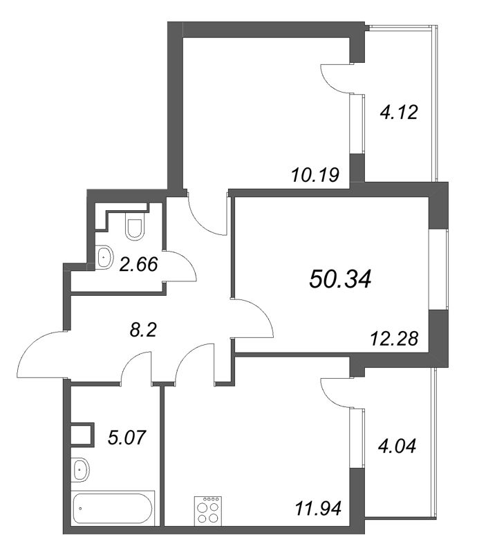 2-комнатная квартира, 50.34 м² в ЖК "ЮгТаун" - планировка, фото №1
