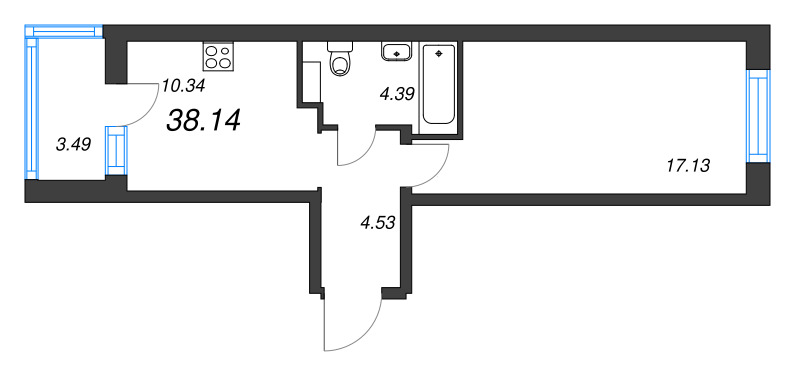 1-комнатная квартира, 38.14 м² - планировка, фото №1