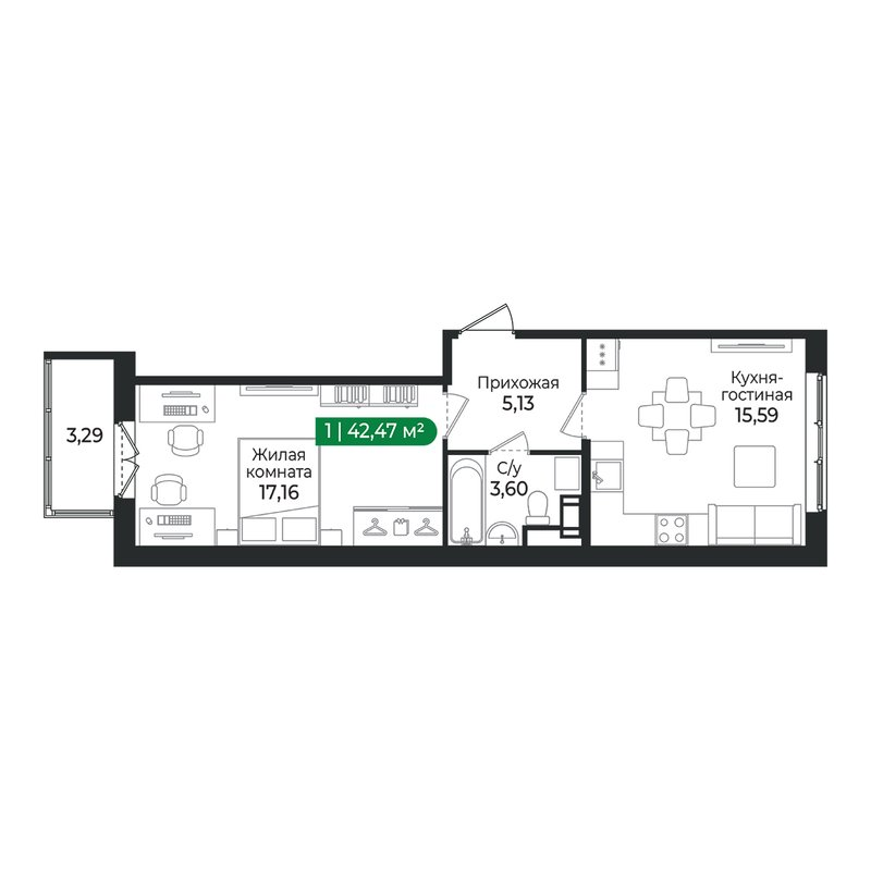 2-комнатная (Евро) квартира, 42.47 м² в ЖК "Сертолово Парк" - планировка, фото №1