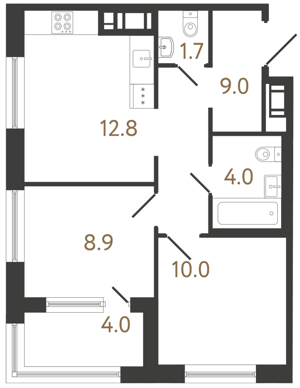 2-комнатная квартира, 46.4 м² в ЖК "Передвижники 2" - планировка, фото №1