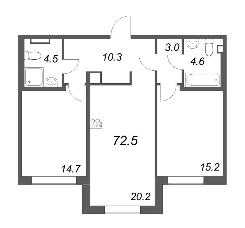 3-комнатная (Евро) квартира, 72.6 м² в ЖК "Визионер" - планировка, фото №1