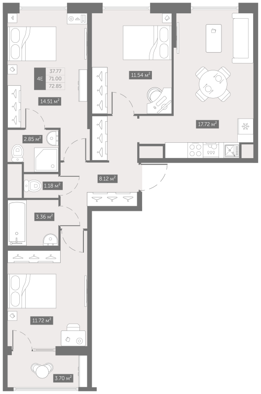 4-комнатная (Евро) квартира, 72.85 м² - планировка, фото №1