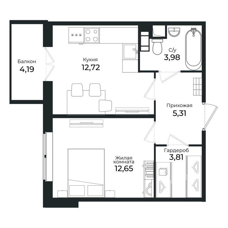 1-комнатная квартира, 37.7 м² в ЖК "Сертолово Парк" - планировка, фото №1
