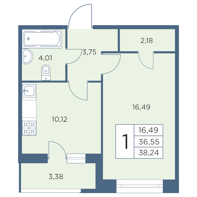 1-комнатная квартира, 37.9 м² - планировка, фото №1