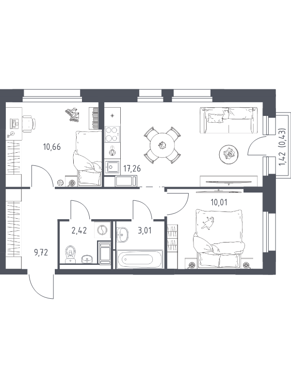 3-комнатная (Евро) квартира, 53.51 м² в ЖК "Новое Колпино" - планировка, фото №1