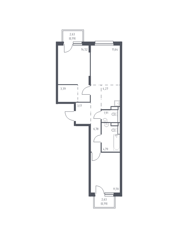 3-комнатная (Евро) квартира, 63.75 м² в ЖК "Новые Лаврики" - планировка, фото №1