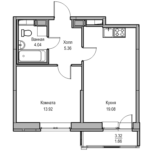 2-комнатная (Евро) квартира, 43.5 м² в ЖК "Юнтолово" - планировка, фото №1