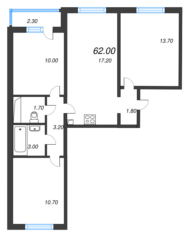 4-комнатная (Евро) квартира, 62 м² - планировка, фото №1
