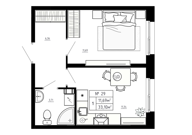 1-комнатная квартира, 33.1 м² в ЖК "Аннино Сити" - планировка, фото №1
