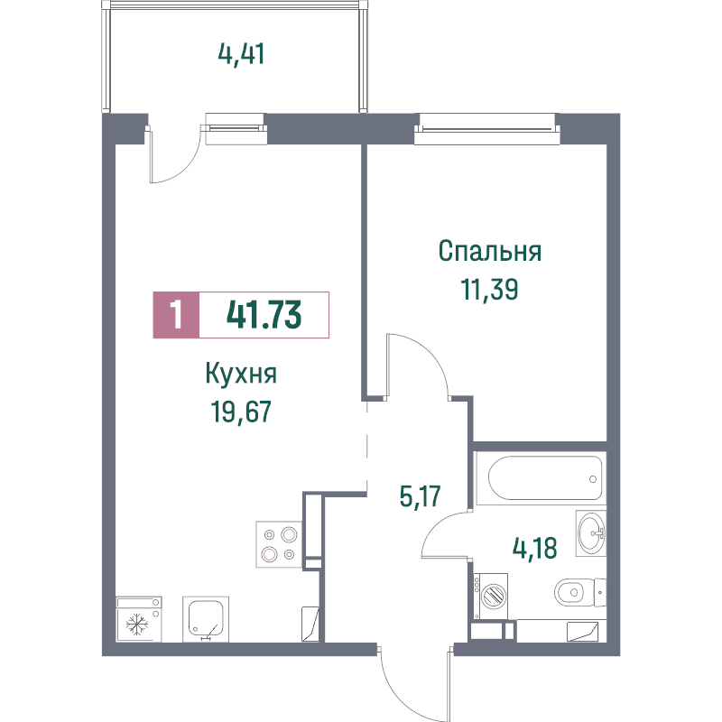 2-комнатная (Евро) квартира, 41.73 м² - планировка, фото №1