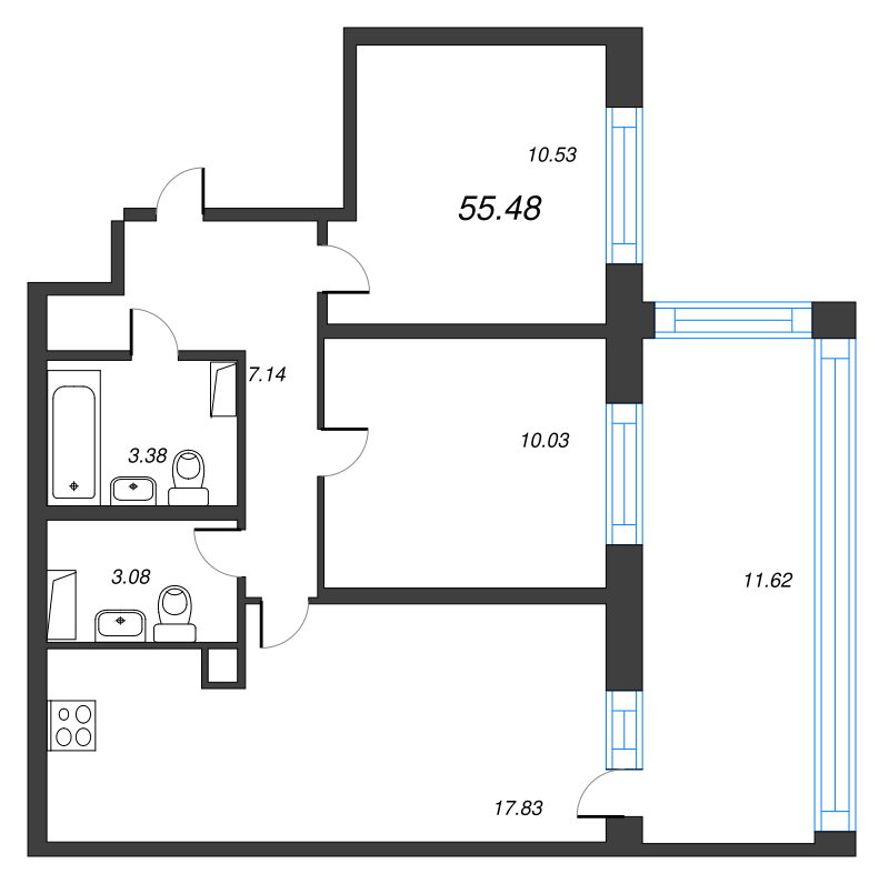 3-комнатная (Евро) квартира, 55.48 м² - планировка, фото №1
