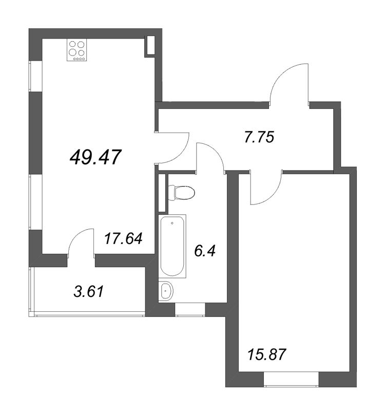 2-комнатная (Евро) квартира, 49.47 м² в ЖК "Новая история" - планировка, фото №1