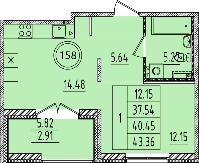 1-комнатная квартира, 37.54 м² в ЖК "Образцовый квартал 14" - планировка, фото №1