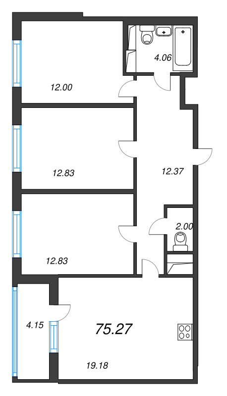 4-комнатная (Евро) квартира, 75.27 м² в ЖК "ЮгТаун" - планировка, фото №1