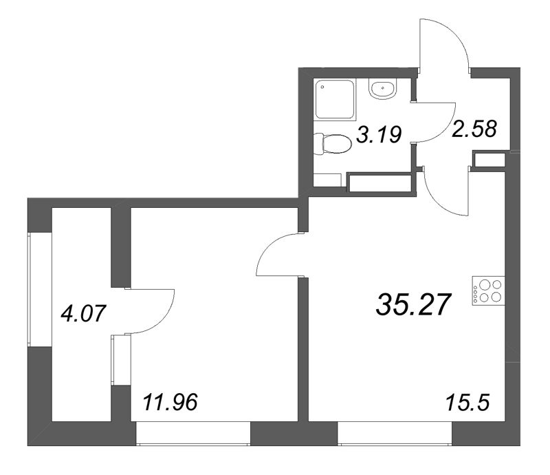 2-комнатная (Евро) квартира, 35.27 м² в ЖК "Аурум" - планировка, фото №1