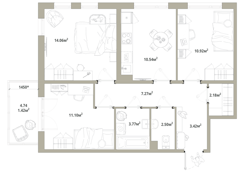 3-комнатная квартира, 67.18 м² в ЖК "Тишин" - планировка, фото №1