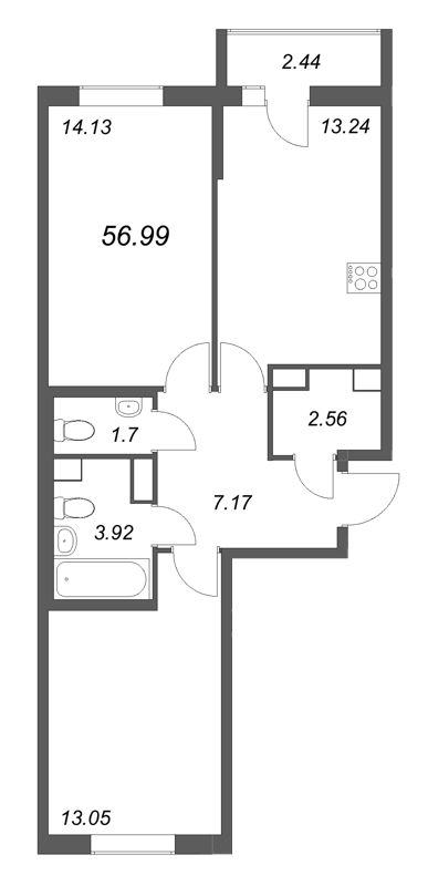 2-комнатная квартира, 56.99 м² в ЖК "Кинопарк" - планировка, фото №1