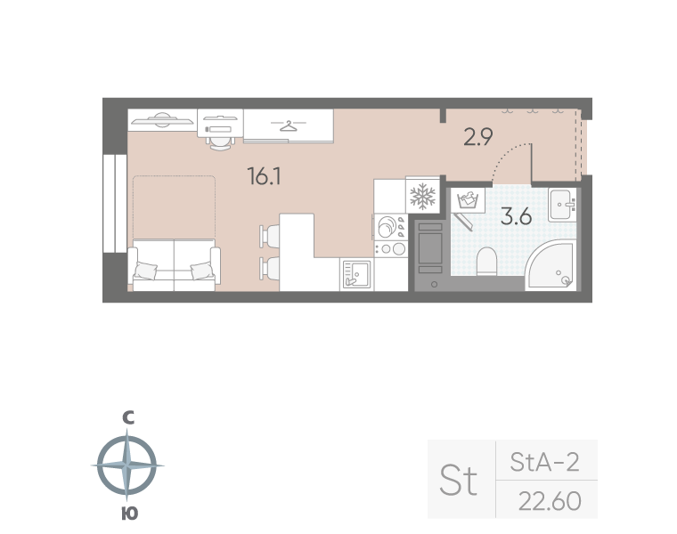 Квартира-студия, 22.6 м² в ЖК "Большая Охта" - планировка, фото №1