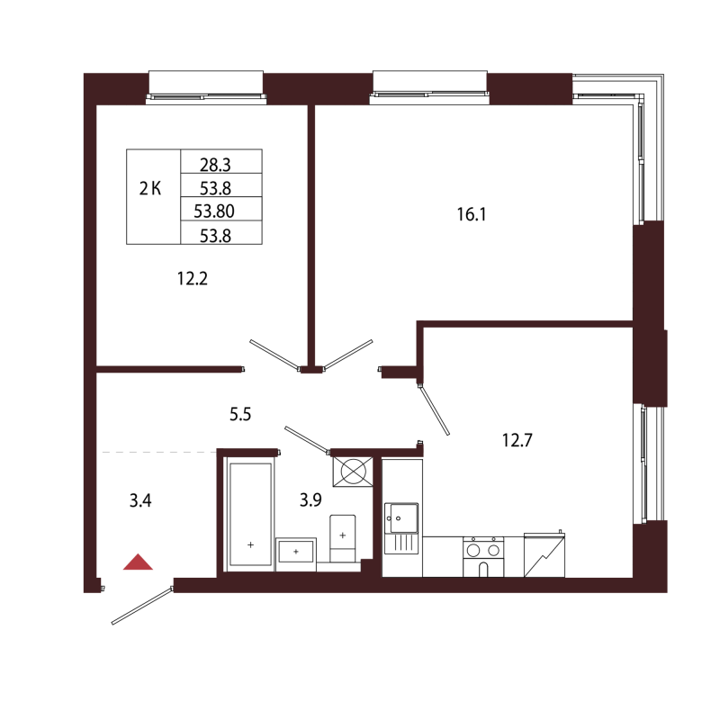 2-комнатная квартира, 53.8 м² в ЖК "Лисино" - планировка, фото №1