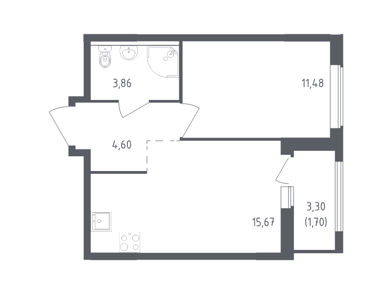2-комнатная (Евро) квартира, 37.31 м² в ЖК "Южная Нева" - планировка, фото №1