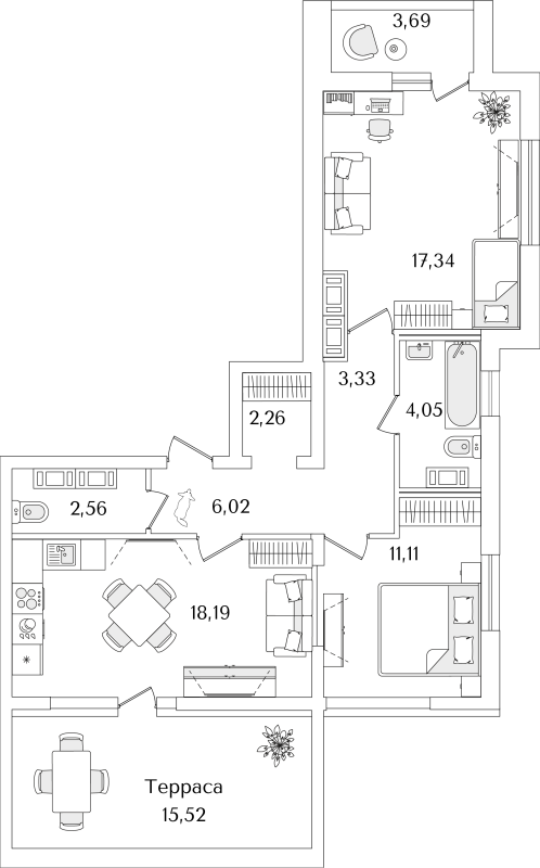 3-комнатная (Евро) квартира, 69.1 м² - планировка, фото №1