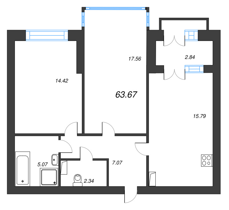 3-комнатная (Евро) квартира, 66.9 м² в ЖК "Наука" - планировка, фото №1