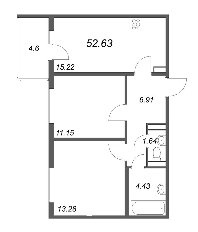 3-комнатная (Евро) квартира, 52.63 м² - планировка, фото №1