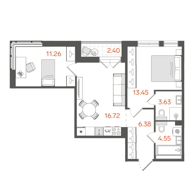 3-комнатная (Евро) квартира, 57.19 м² в ЖК "STAVNI Обводный" - планировка, фото №1