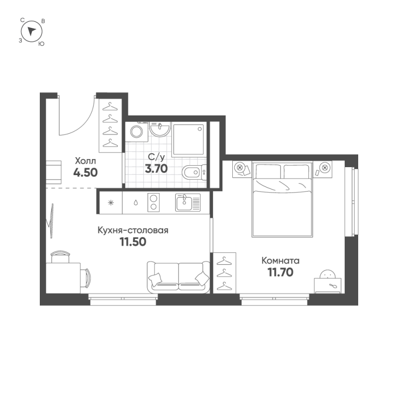 1-комнатная квартира, 31.4 м² в ЖК "Авеню-Апарт Пулково" - планировка, фото №1