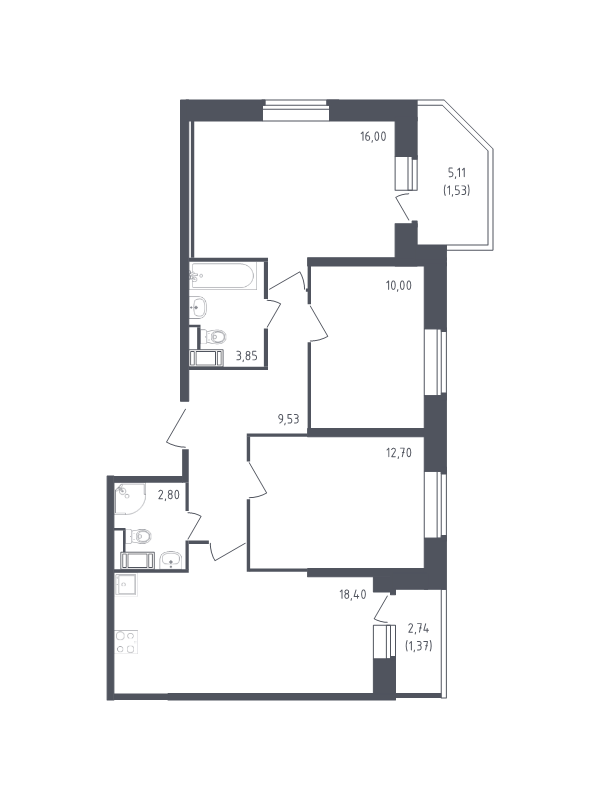 4-комнатная (Евро) квартира, 76.18 м² - планировка, фото №1