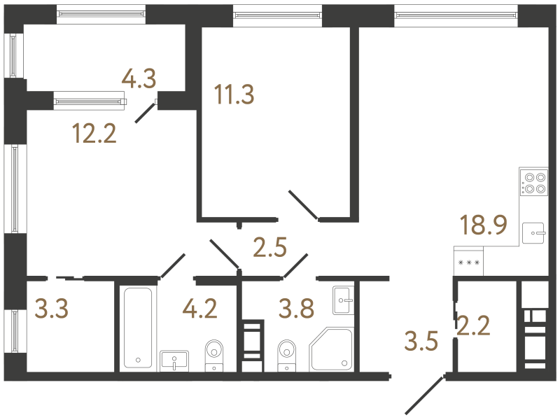 3-комнатная (Евро) квартира, 61.9 м² в ЖК "Передвижники 2" - планировка, фото №1