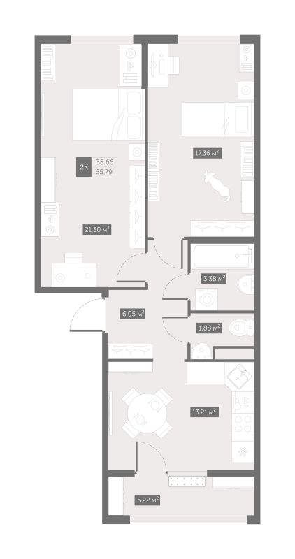 2-комнатная квартира, 65.79 м² - планировка, фото №1