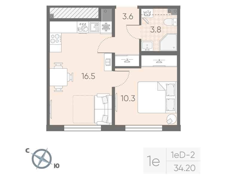 2-комнатная (Евро) квартира, 34.2 м² в ЖК "Пулково Lake" - планировка, фото №1