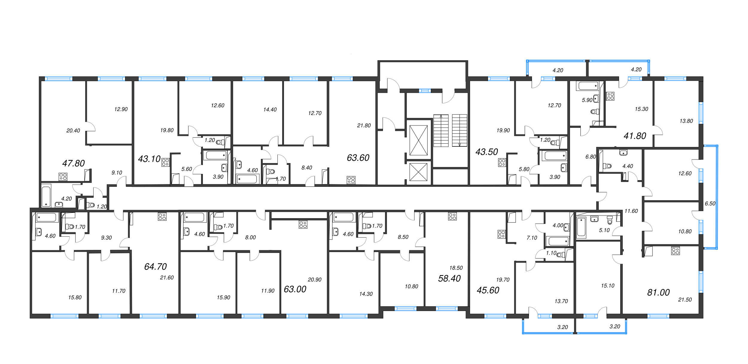 2-комнатная (Евро) квартира, 43.1 м² в ЖК "Руднева 15" - планировка этажа