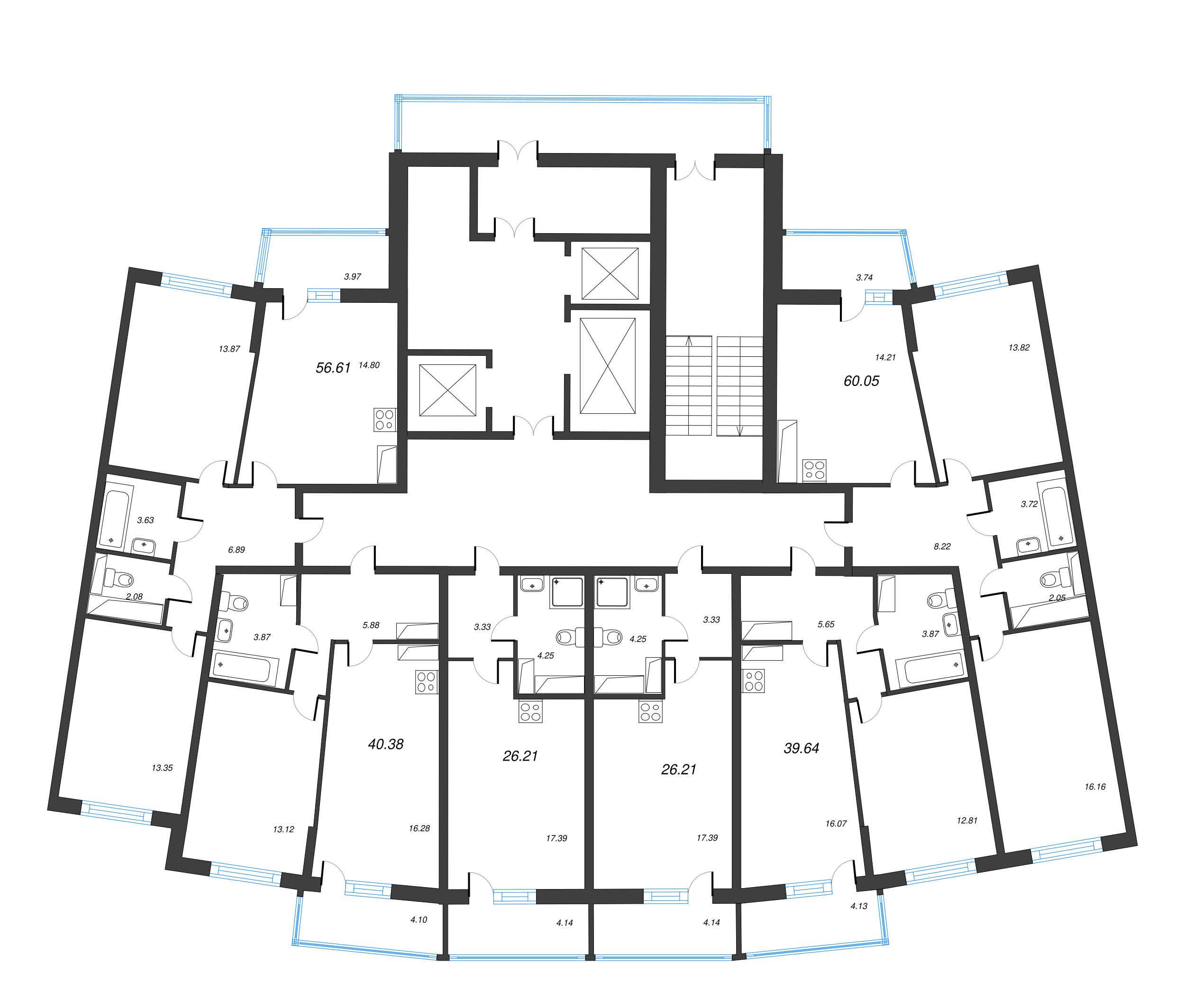 3-комнатная (Евро) квартира, 56.6 м² в ЖК "Дом Левитан" - планировка этажа