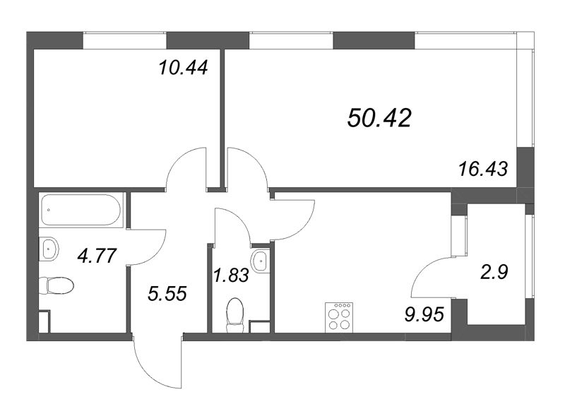 2-комнатная квартира, 50.42 м² в ЖК "Гранат" - планировка, фото №1