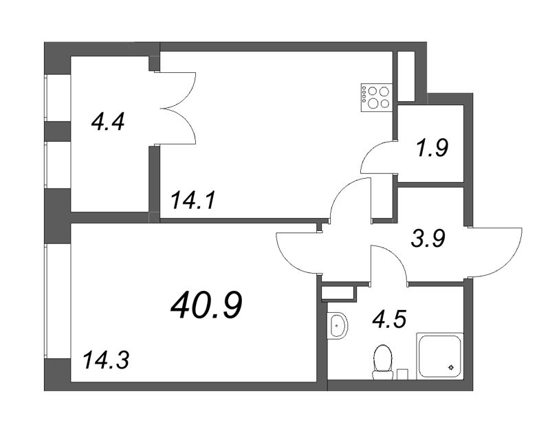 1-комнатная квартира, 40.8 м² в ЖК "NewПитер 2.0" - планировка, фото №1