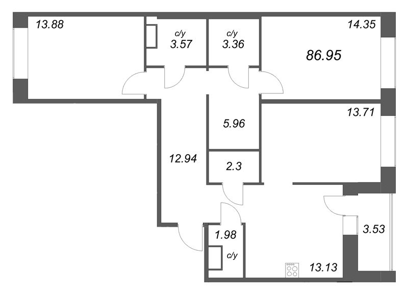 3-комнатная квартира, 86.95 м² в ЖК "Уютный" - планировка, фото №1